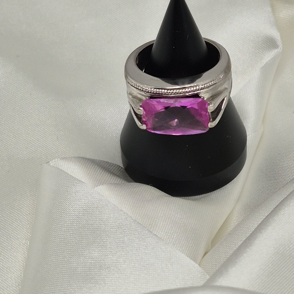 Gorgeous Sterling Silver Pink Sapphire Stone Chunky Ring! Beautiful Ring! Sz 8